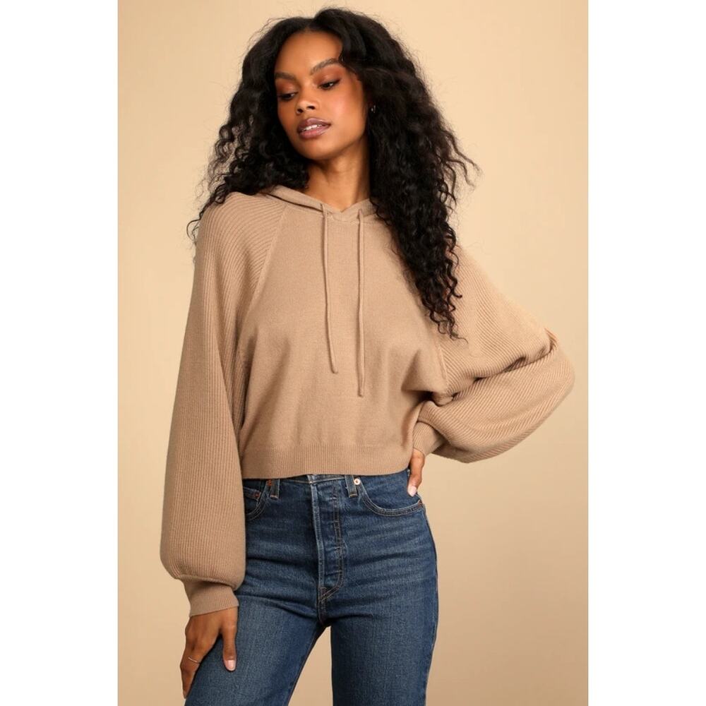 Lulus Casual Cozy Light Brown Balloon Sleeve Pullover Hooded Sweater Size XS